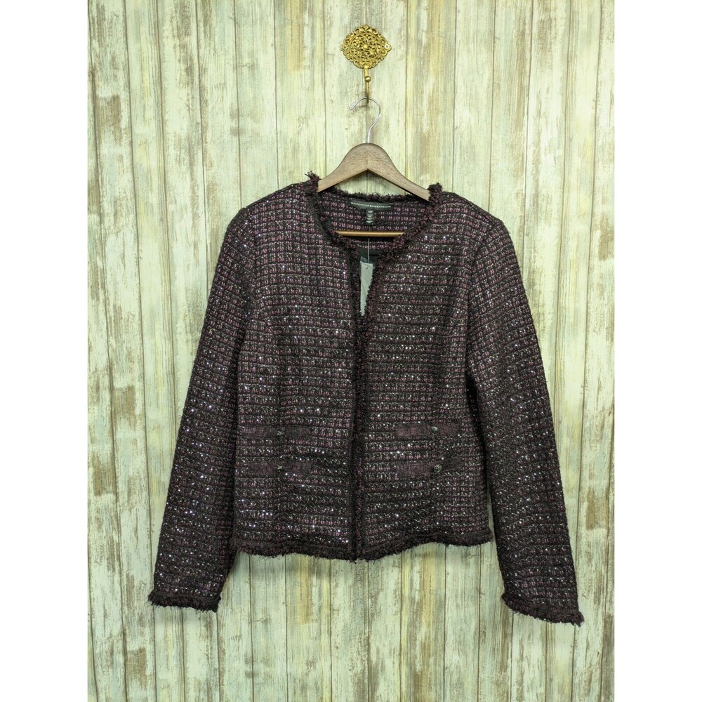 WHITE HOUSE BLACK MARKET  Sequin Tweed Fringe Jacket Black Plum 14P NWT $160